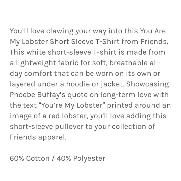 ❗️Sold❗️Friends • "You're My Lobster" Short-Sleeve Graphic Tee • Cotton Blend - Picture 7 of 7
